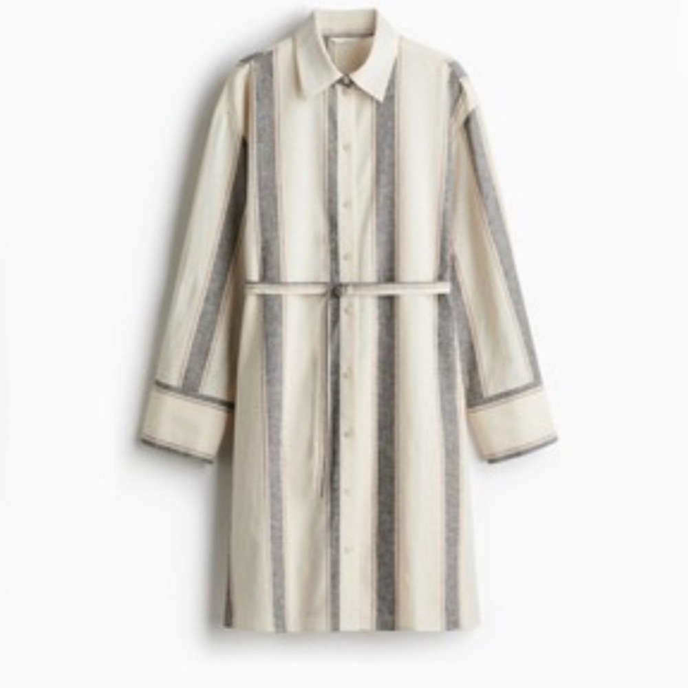 H&M Beige and Charcoal Striped Shirt Dress